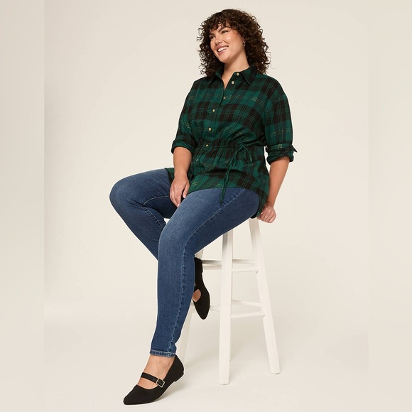 Lane Bryant Plaid Tie-Waist Button Down Tunic Top Green Gold Shimmer 22/24 Soft - Picture 14 of 16